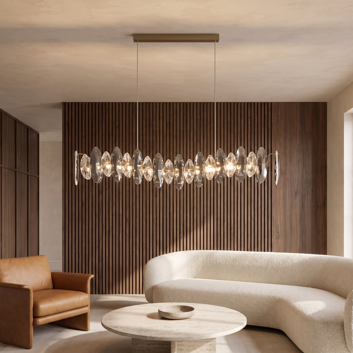 Celestial crystal pendant light in a warm living room