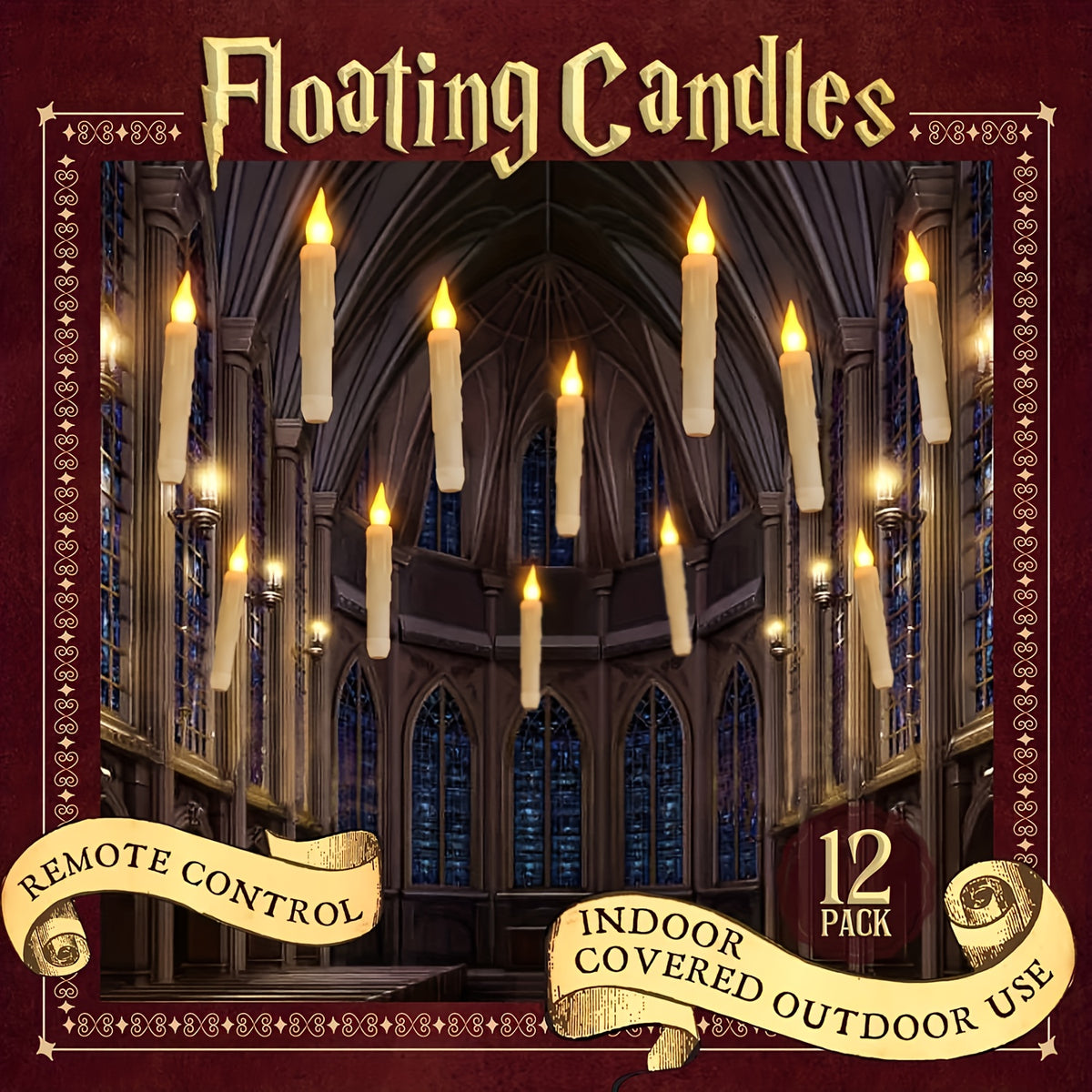 Floating LED candles suspended in a row above a table