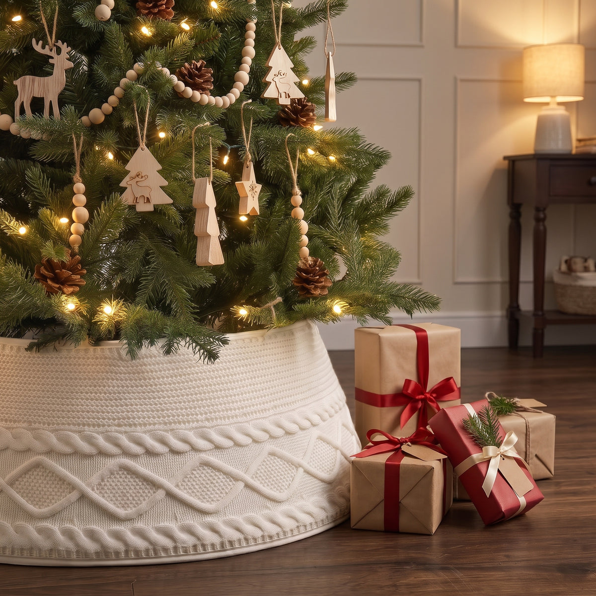 Cream knit tree collar around a decorated Christmas tree