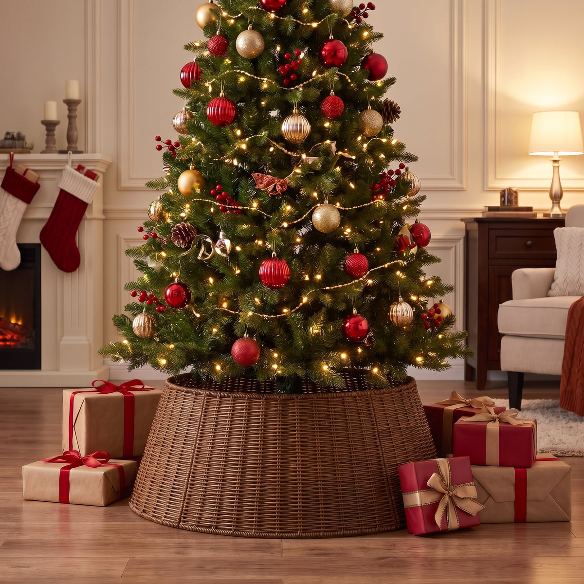 Brown woven tree collar around a decorated tree