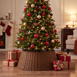 Brown woven tree collar around a decorated tree