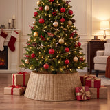 Wood tone woven tree collar around a decorated tree