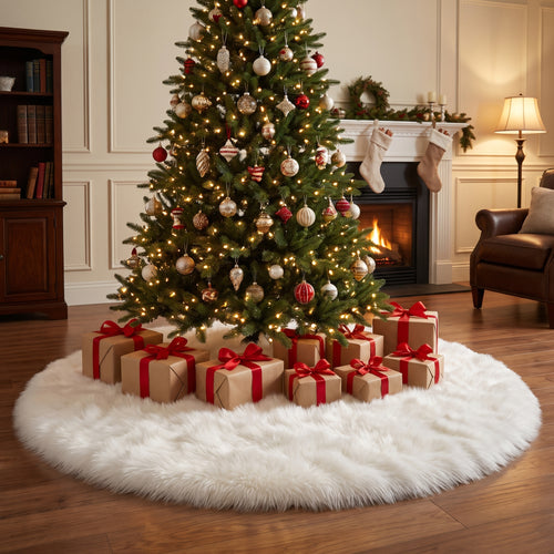 White plush tree skirt under a decorated Christmas tree