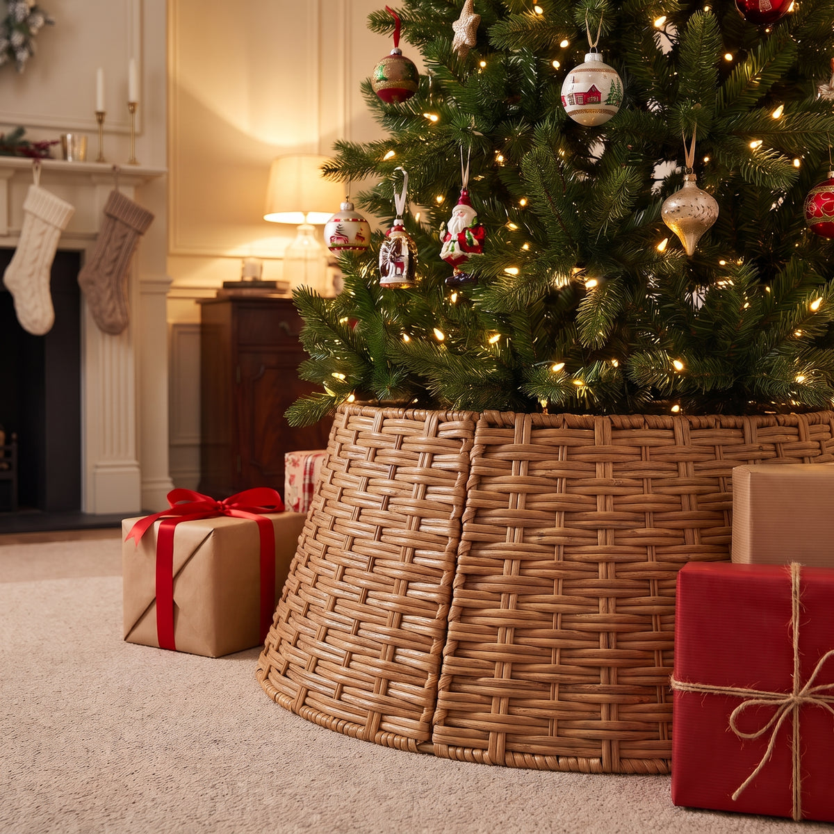 Brown rattan tree collar around a decorated tree