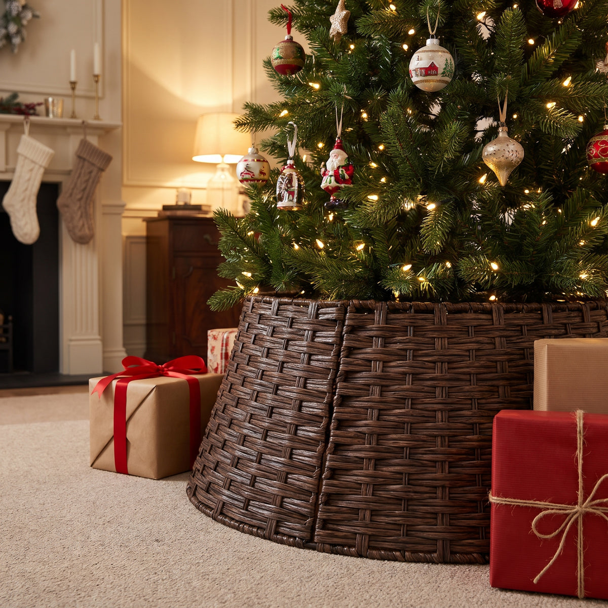 Coffee brown rattan tree collar around a decorated tree
