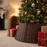 Coffee brown rattan tree collar around a decorated tree