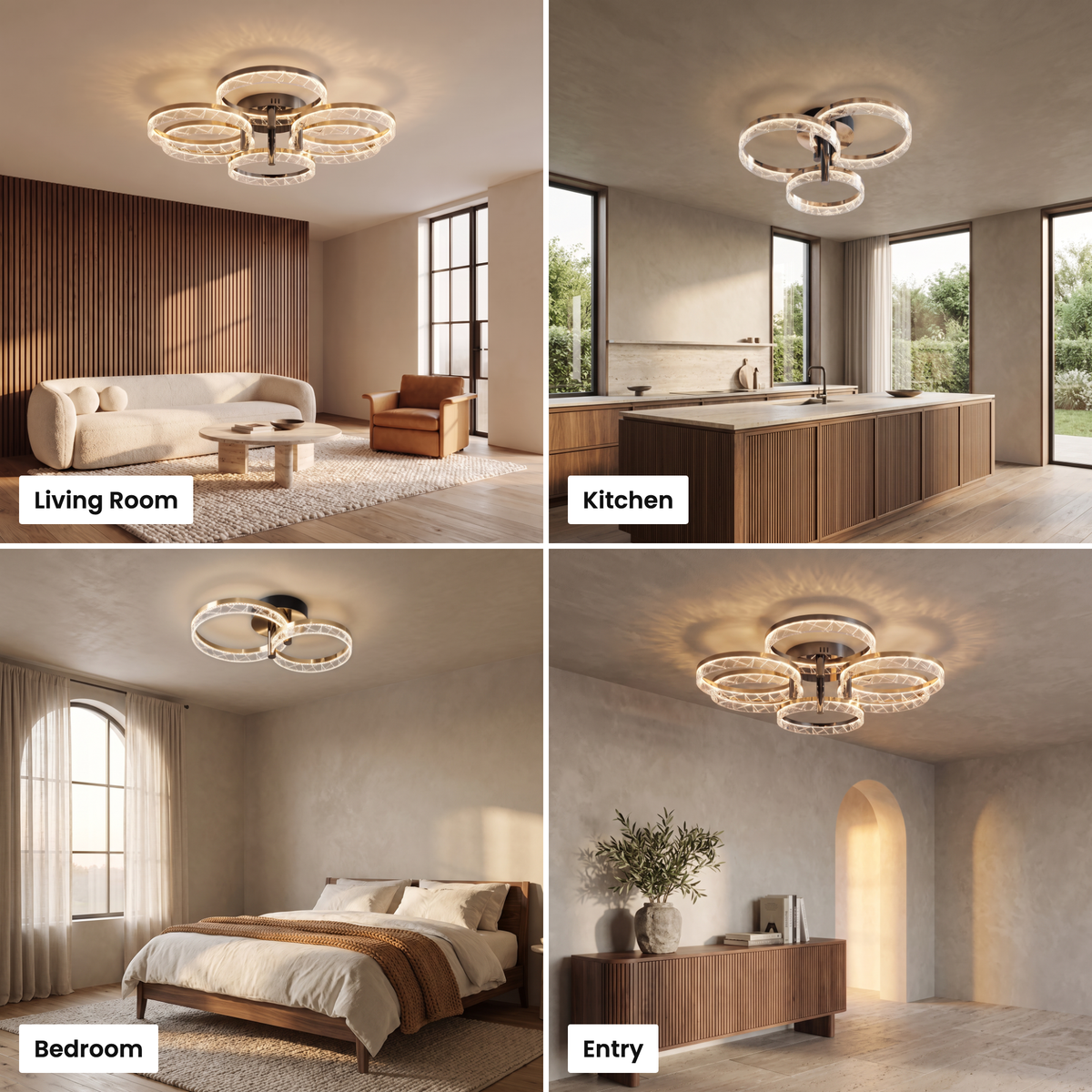 Corvina ring ceiling light shown in living room, kitchen, bedroom and entry settings