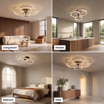 Corvina ring ceiling light shown in living room, kitchen, bedroom and entry settings