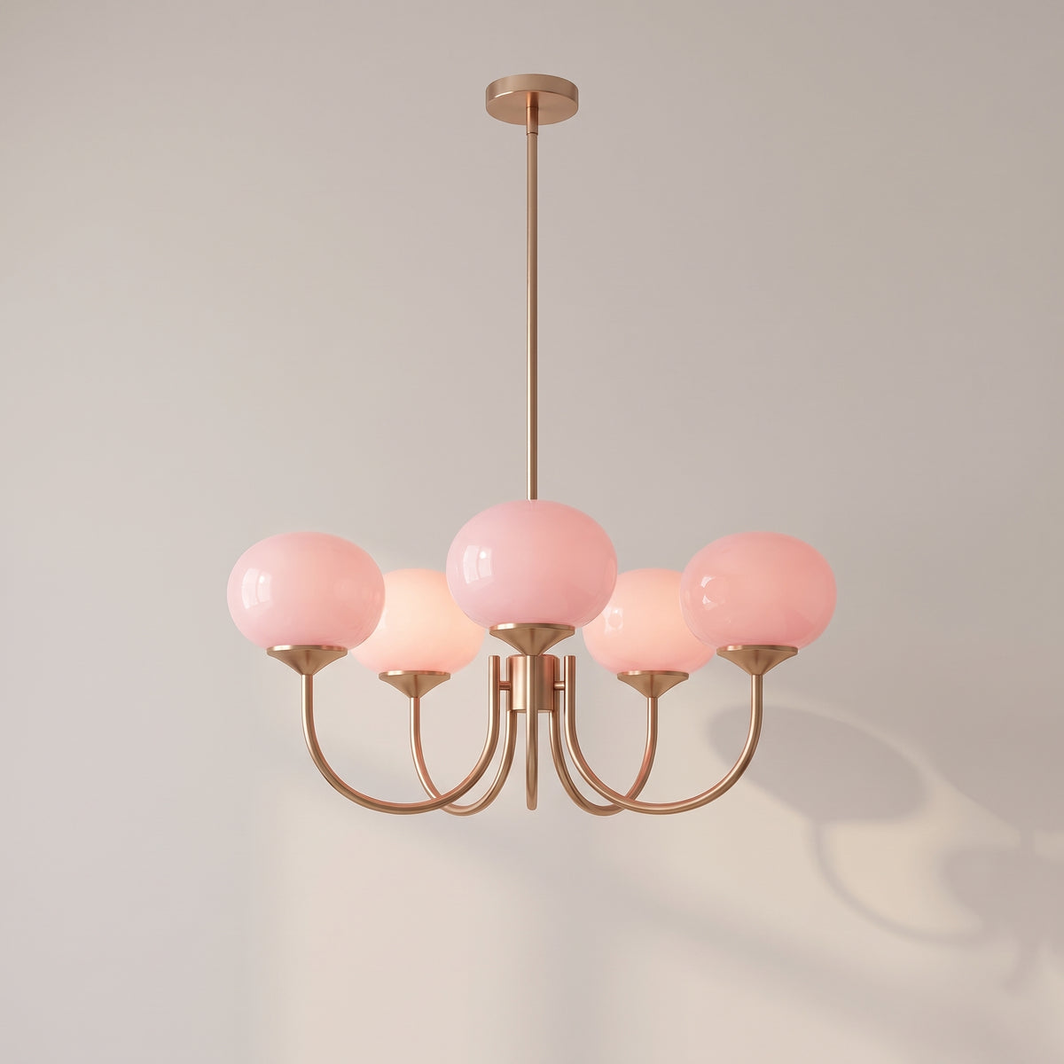Cloudlet chandelier, 5 lights, Copper and Pink, on a warm light grey studio background