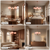 Cloudlet chandelier shown in dining, kitchen, living room and entryway settings