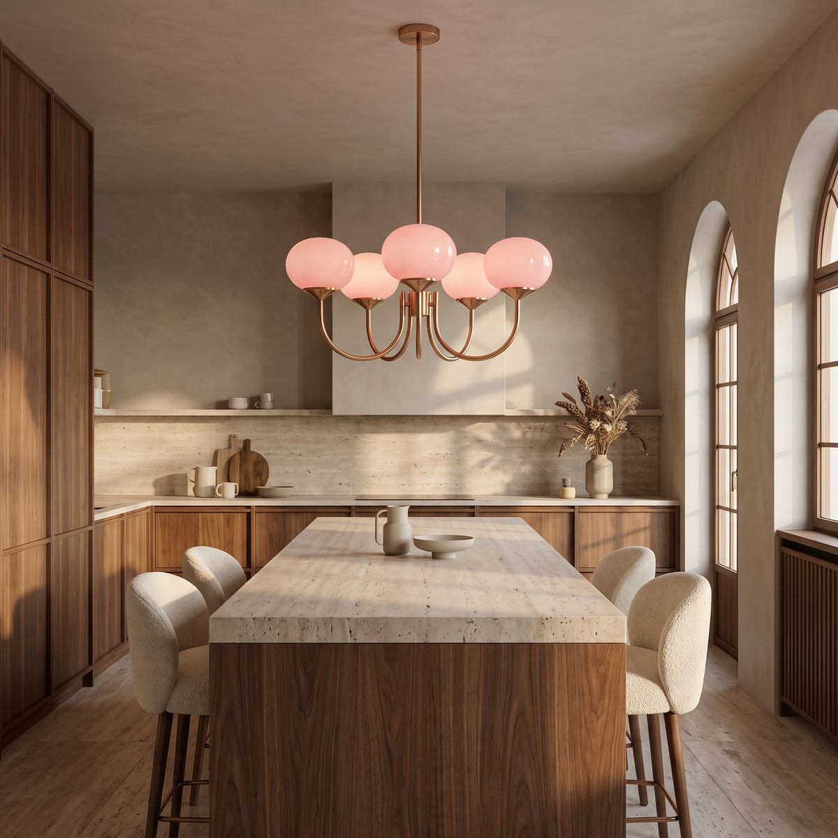 Cloudlet 5-light glass chandelier above a walnut kitchen island