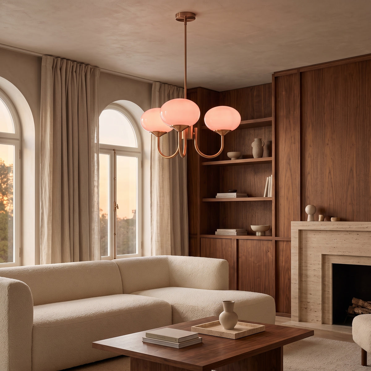 Cloudlet glass chandelier in a warm walnut living room