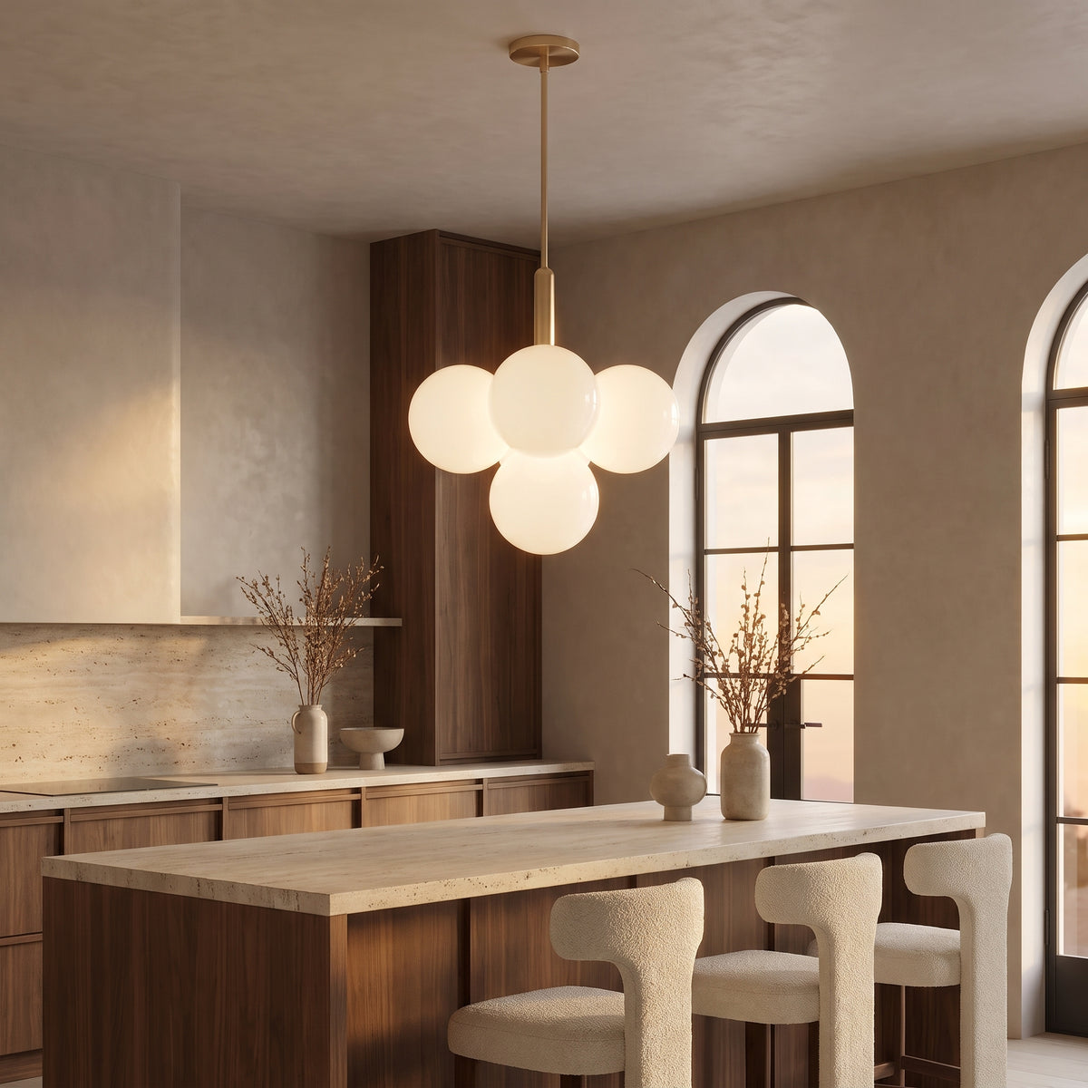 Solenne Pendant 5-light globe cluster above a walnut kitchen island