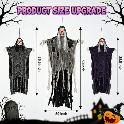 Hanging Grim Reaper Skeleton Decorations, Set of 3, LED Light-Up Eyes