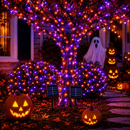 Solar-powered Halloween fairy lights coiled with attached solar panel