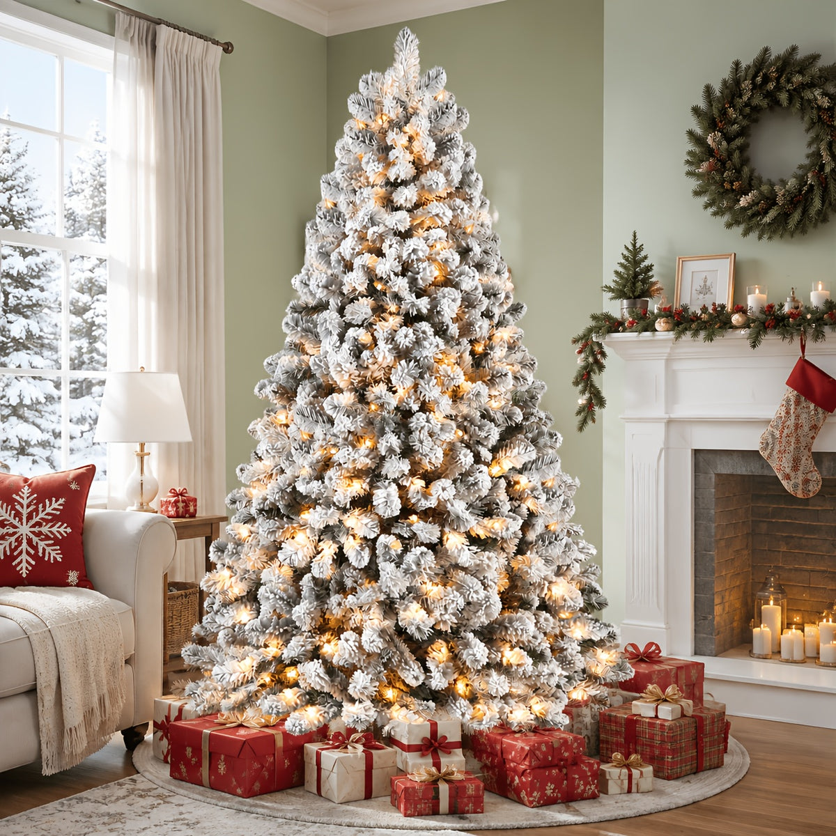 Pre lit snowy Christmas tree on an adjustable stand in 4.5, 5.5 or 6.5 ft