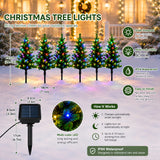 Mini tree stake lights lining a front walkway after dark