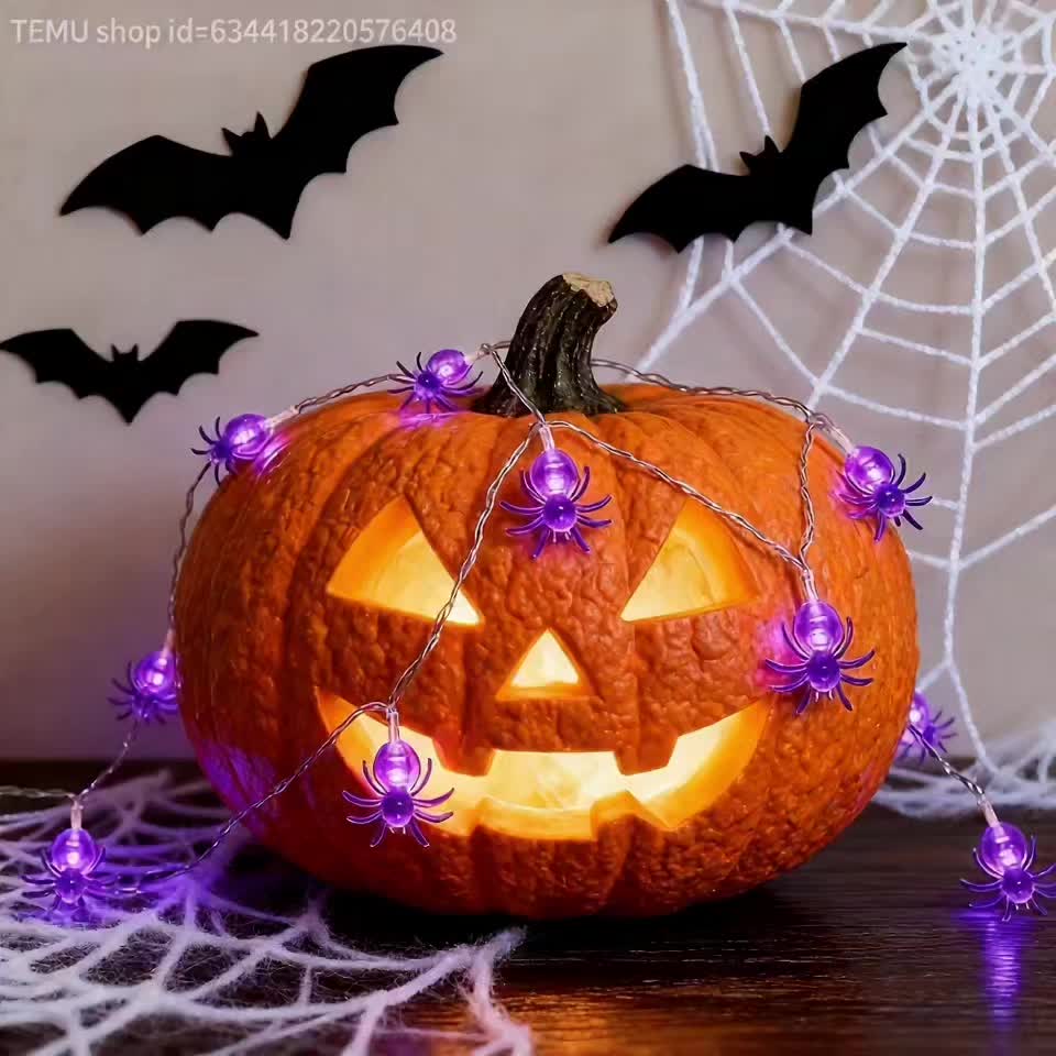 Purple spider Halloween LED light product feature overview graphic