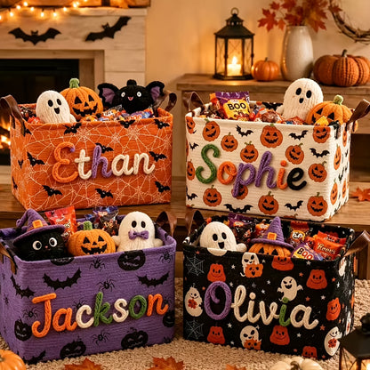 Custom Name Embroidered Halloween Storage Basket with Pumpkin Ghost Bat Pattern and Handles