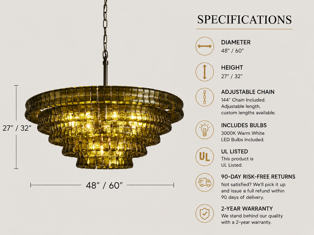 Lido Chandeliers, Round Glass Chandelier for Dining Room, Brass or Matte Black, 24-60 Inch