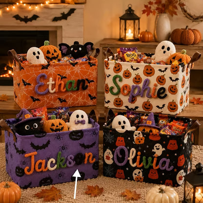 Custom Name Embroidered Halloween Storage Basket with Pumpkin Ghost Bat Pattern and Handles