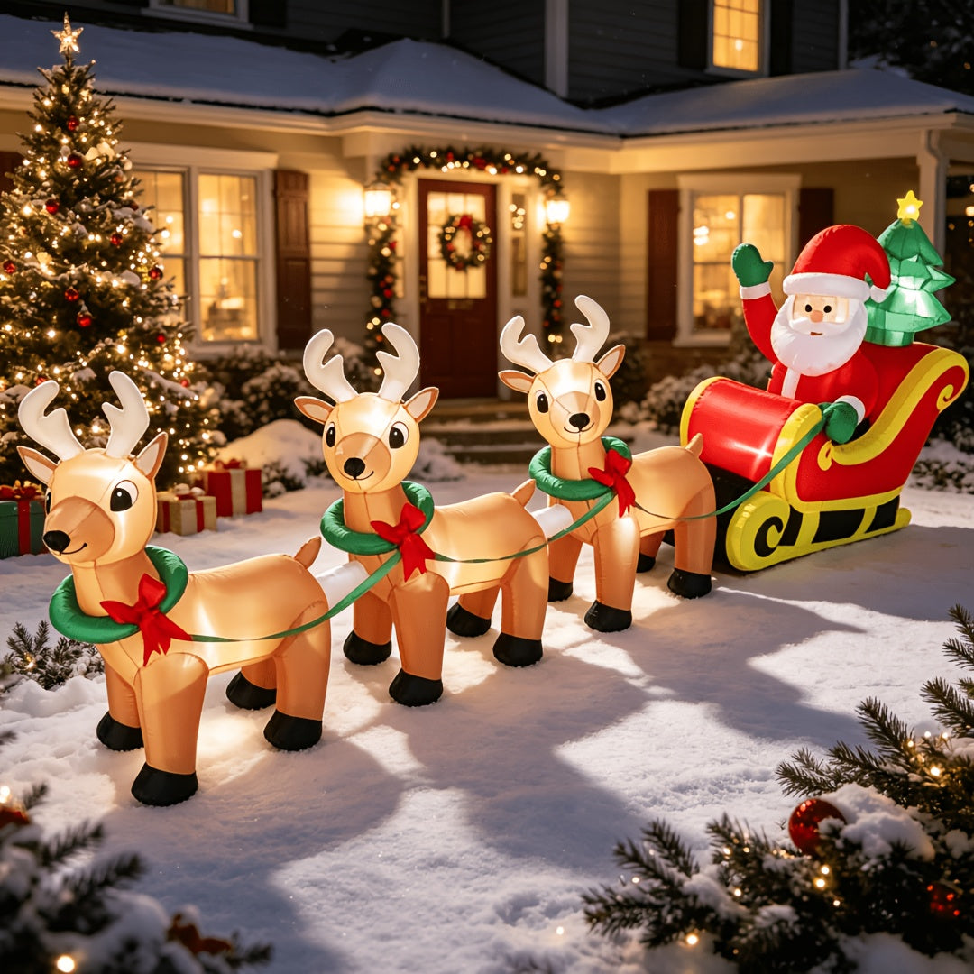 Inflatable Sleigh and Reindeer, 10 ft Christmas Yard Decor, 3 Reindeer Pulling Sleigh, Plug-In