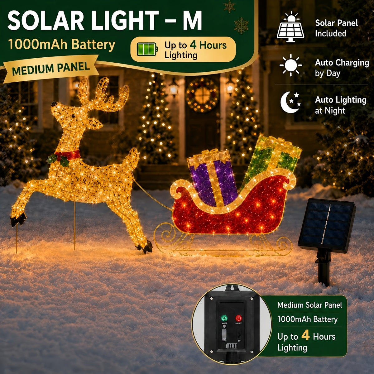 Lighted Sleigh and Reindeer Christmas Decoration, Warm White LED, Solar & USB, Outdoor Decor