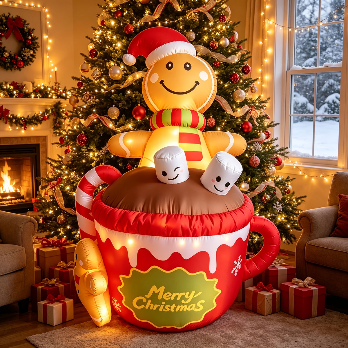 Christmas Yard Inflatable Decorations, 6ft LED Blow Up Gingerbread Man in Hot Chocolate Cup