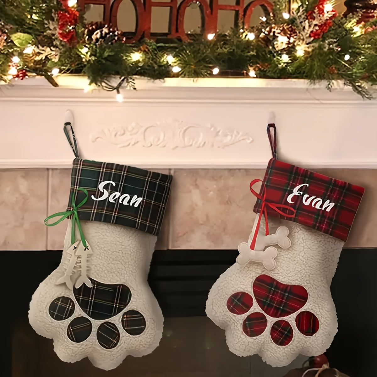 Red plaid felt Christmas sock bag with bear paw