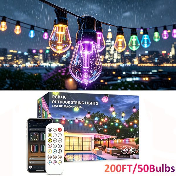 Smart Outdoor String Lights, RGBIC App and Remote, Music Sync, IP67, 48 to 199 ft