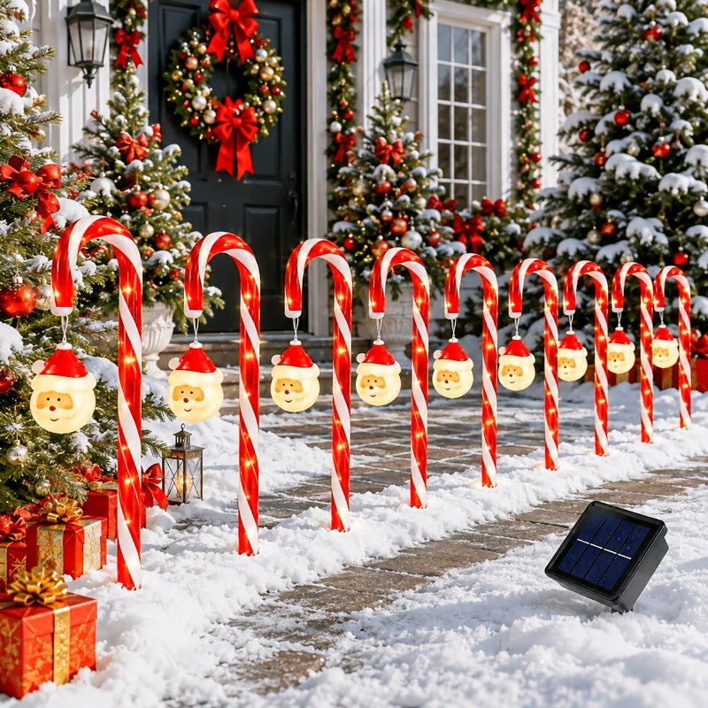 Seven piece candy cane solar light set laid out