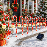 Seven piece candy cane solar light set laid out