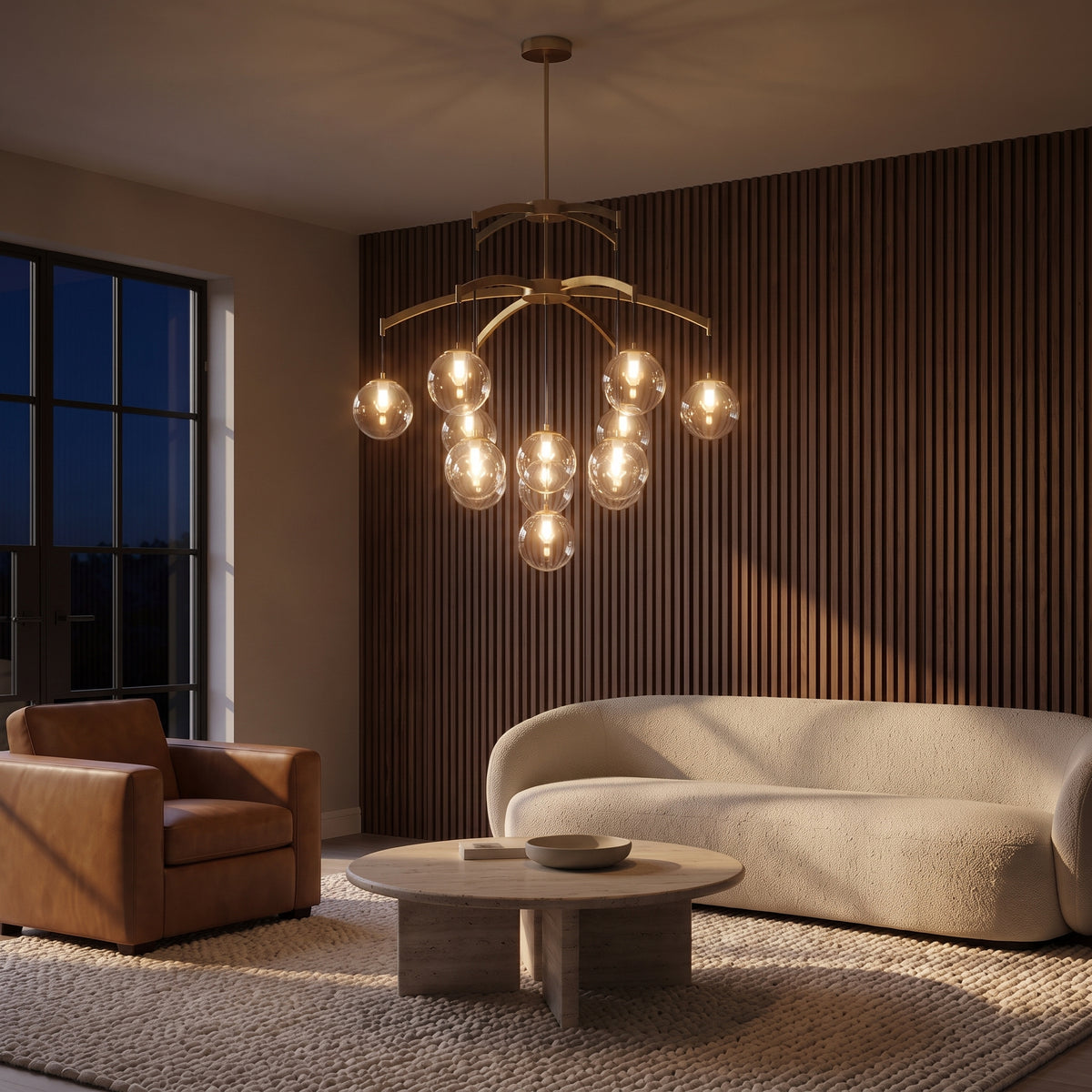 Adelina chandelier at night — lights on