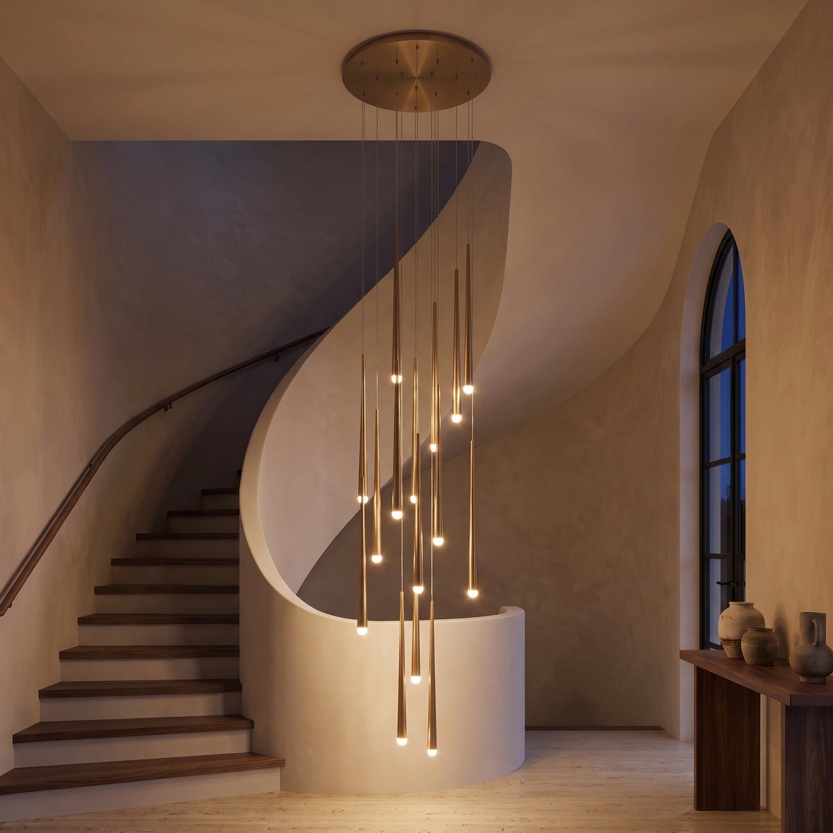 Aurelia chandelier at night — lights on