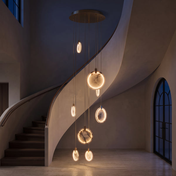 Marble Modern Chandelier, Cascading, Gold Finish, 5 to 15 Lights