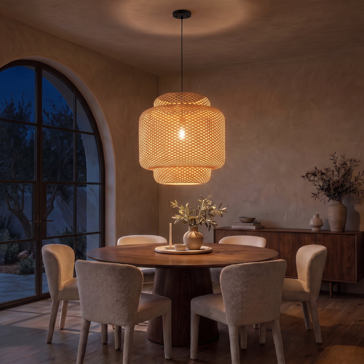 Maren chandelier at night — lights on