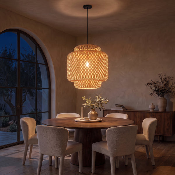 Maren Modern Chandelier, Woven Bamboo Boho, Brass Accents