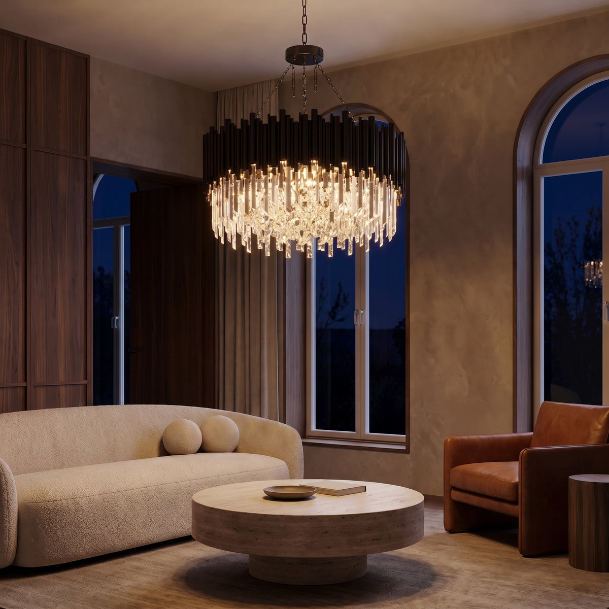Noctis chandelier at night — lights on
