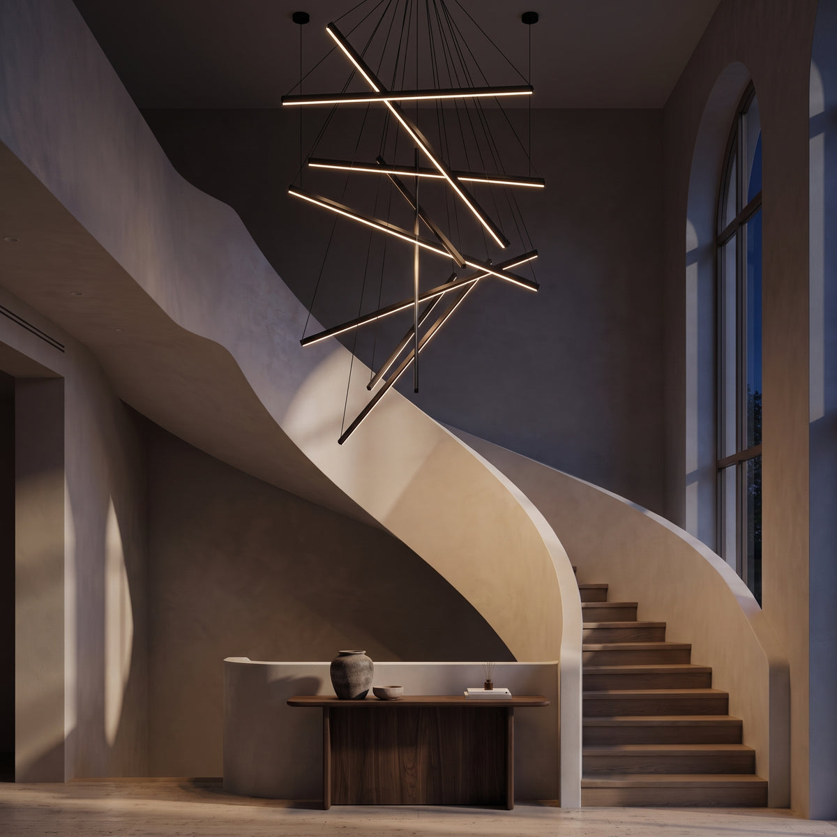 Rowan chandelier at night — lights on