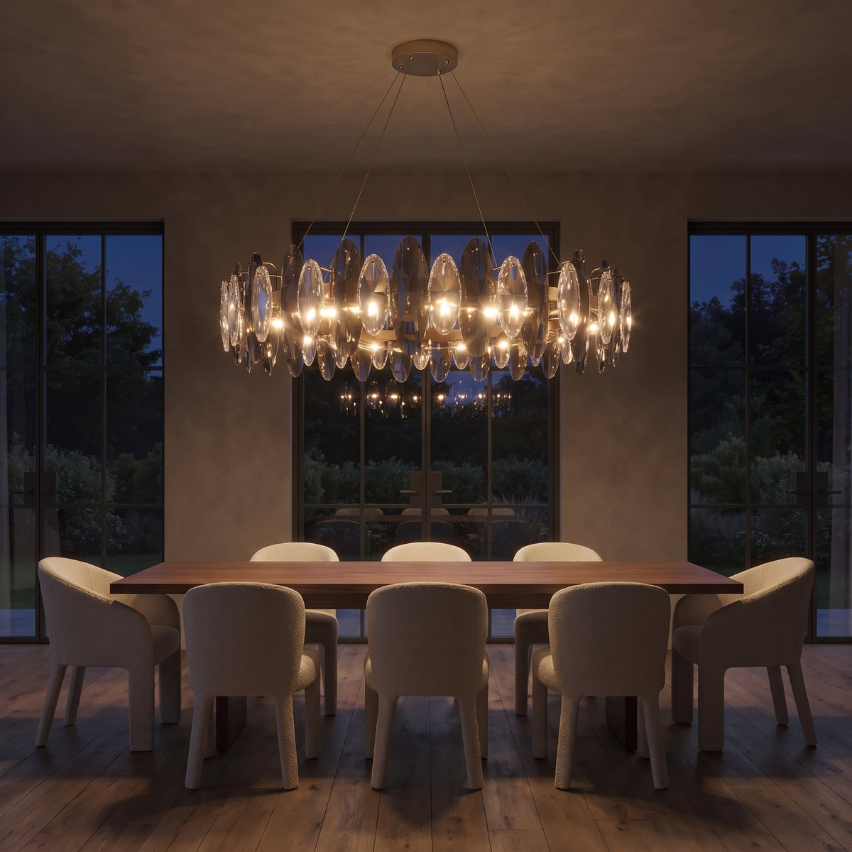 Seren chandelier at night — lights on