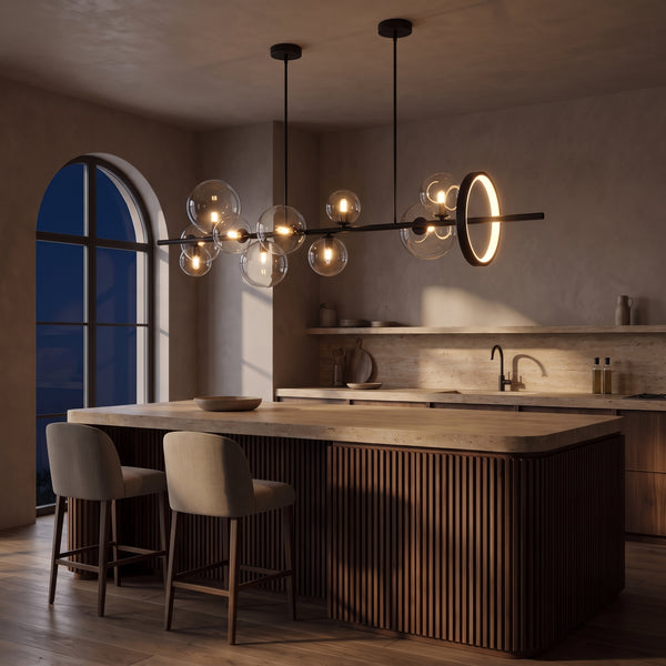 Wren Modern Chandelier, Linear Glass Globe, Black, 7 or 10 Orbs