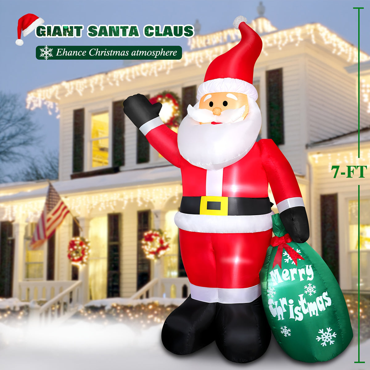 Inflatable Santa Claus with a green gift bag