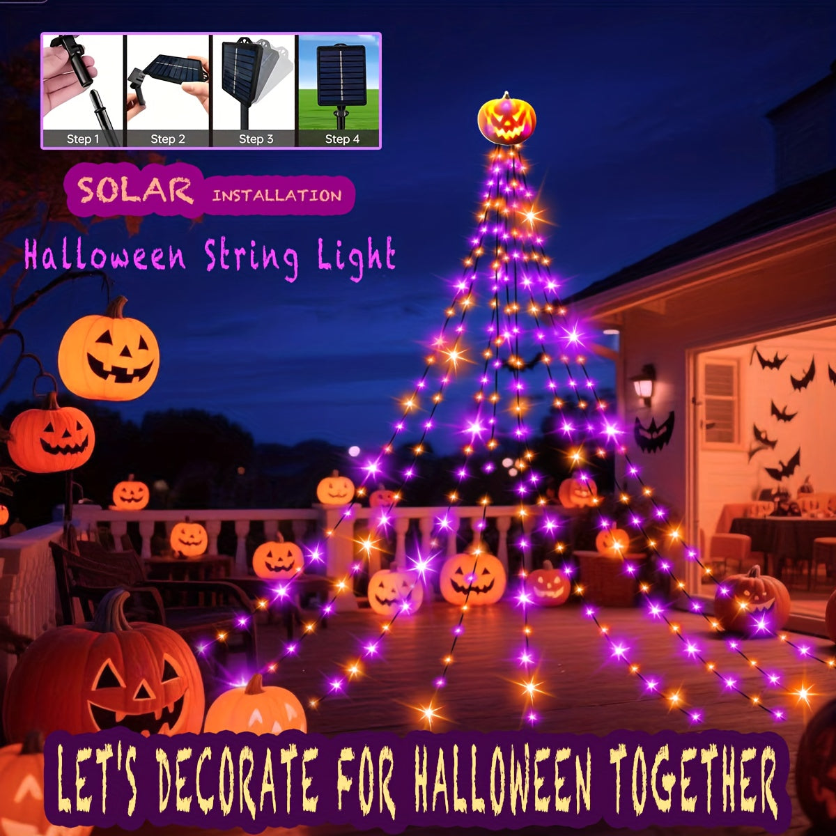 Close-up of pumpkin-shaped LED on solar string light