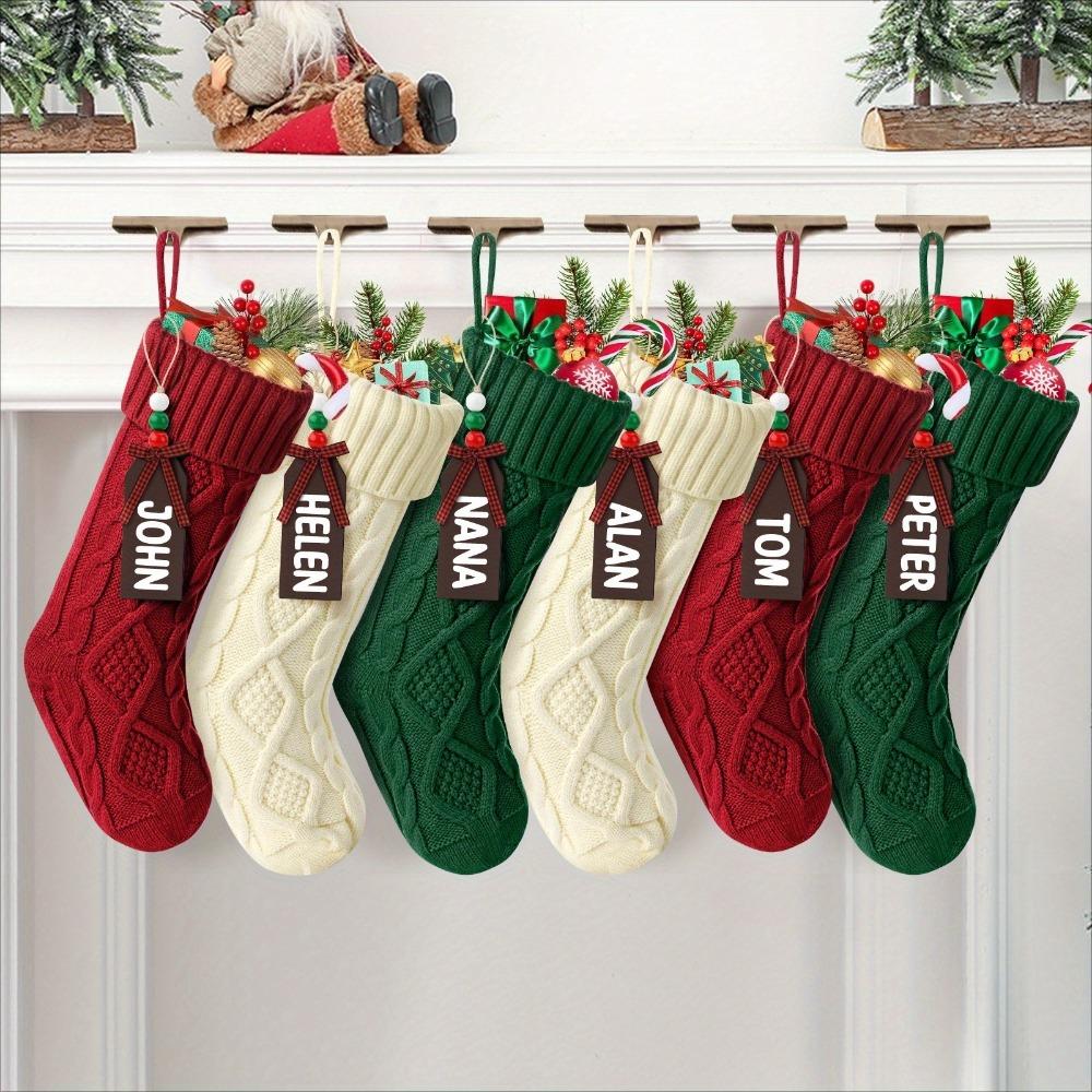 Cable knit Christmas stocking with name tag