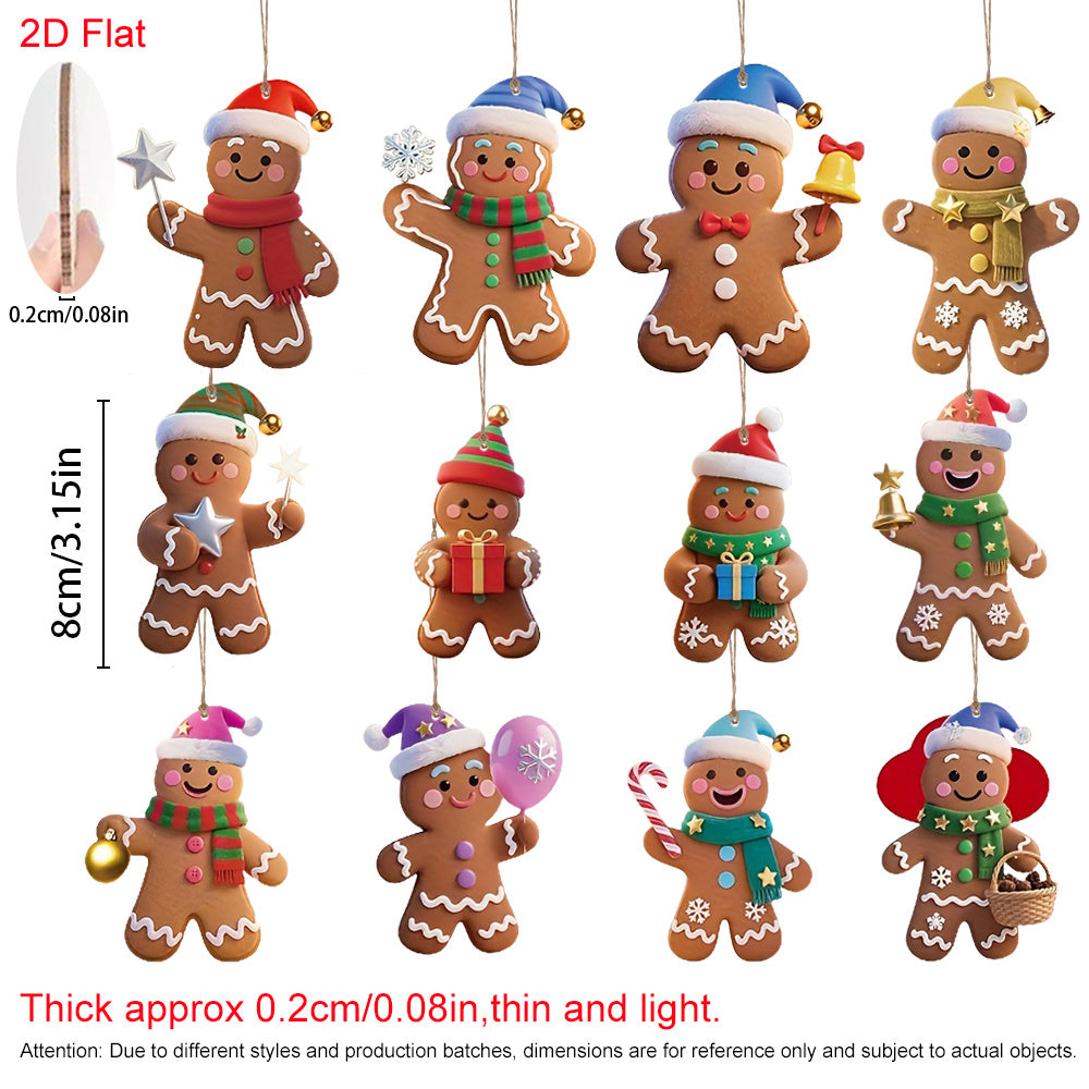Christmas Tree Decorations, 12 Gingerbread Man Ornaments, 3.15 Inch Flat Wood Hanging Pendants
