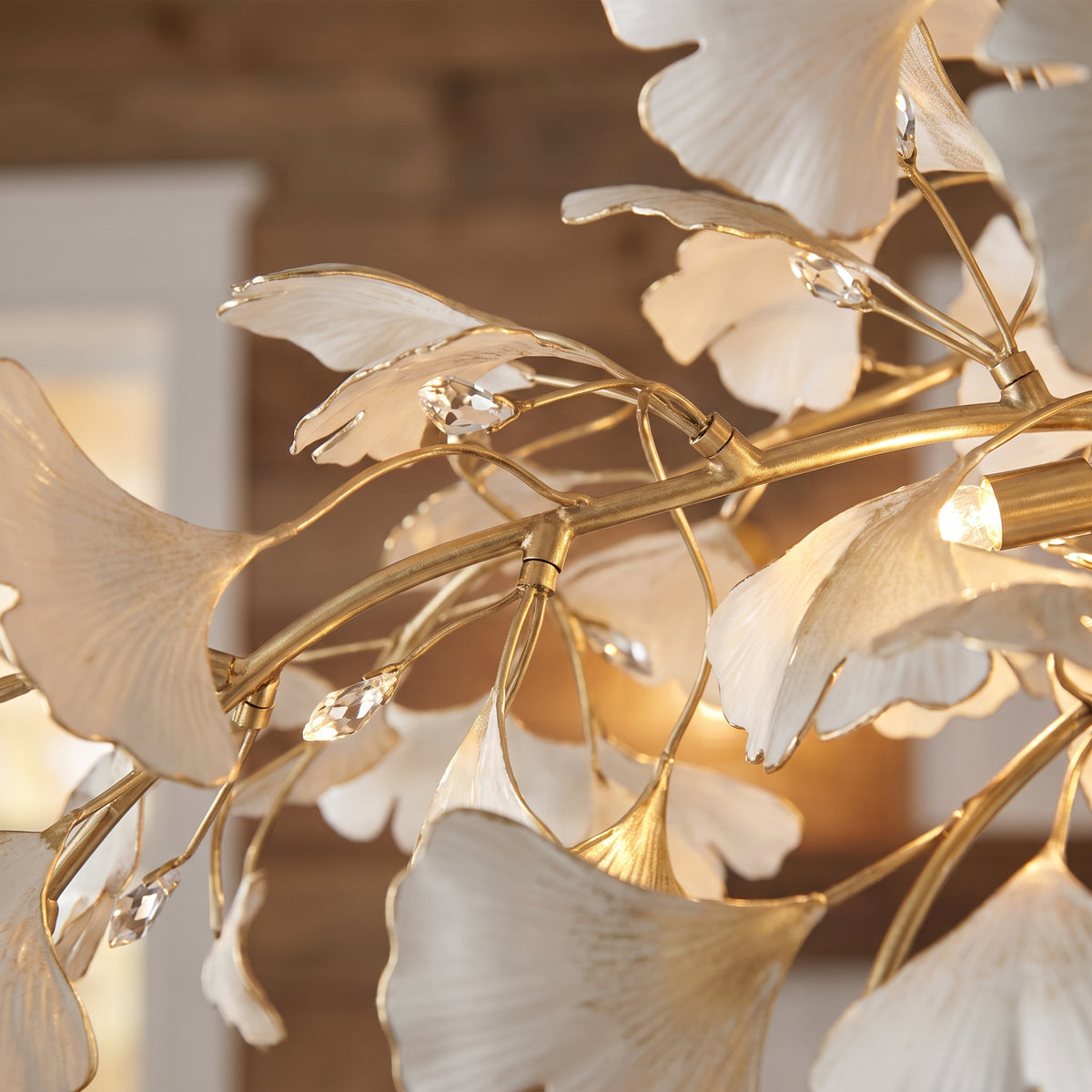 Sorin Modern Gold Chandelier, Ginkgo Leaf LED, Dimmable, White Leaves, Dining Room