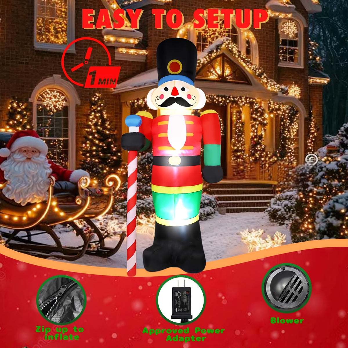 Nutcracker Inflatable 8 ft Lighted Christmas Soldier, Outdoor Christmas Inflatables for Yard