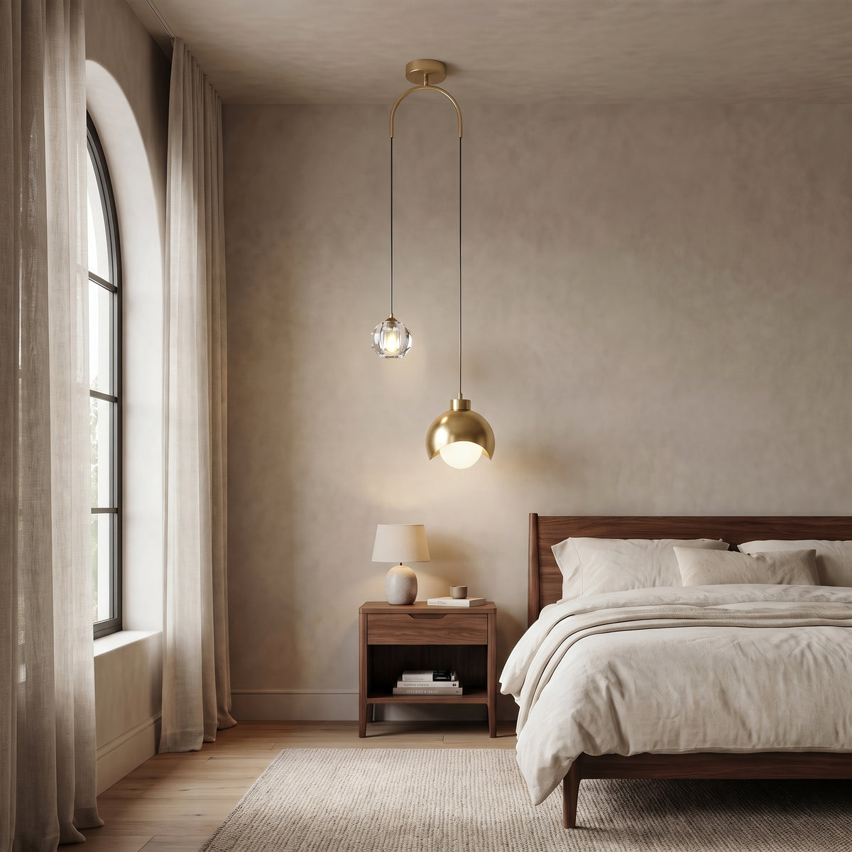 Noor dual pendant light used as a bedside light