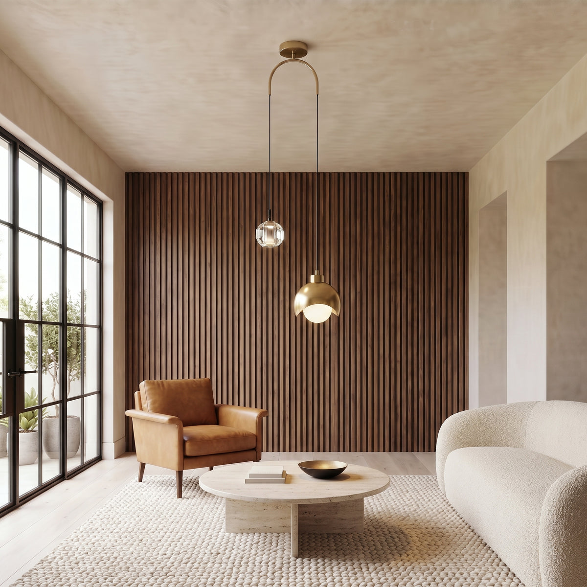 Noor dual pendant light in a living room with a walnut slat wall