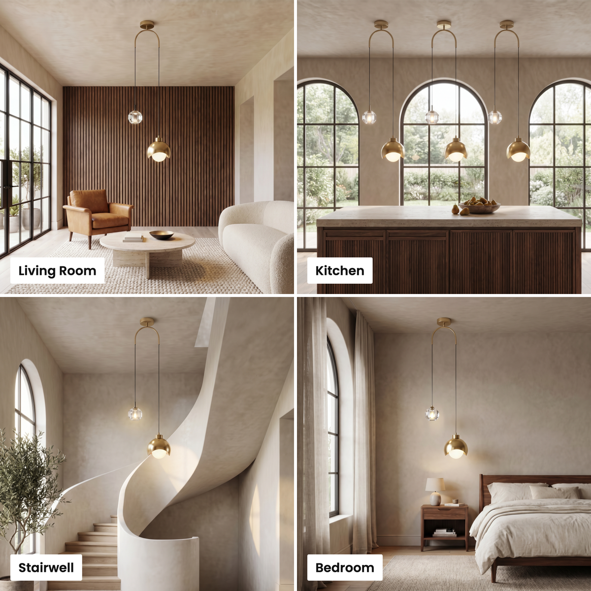 Noor dual pendant light shown in living room, kitchen, stairwell and bedroom settings